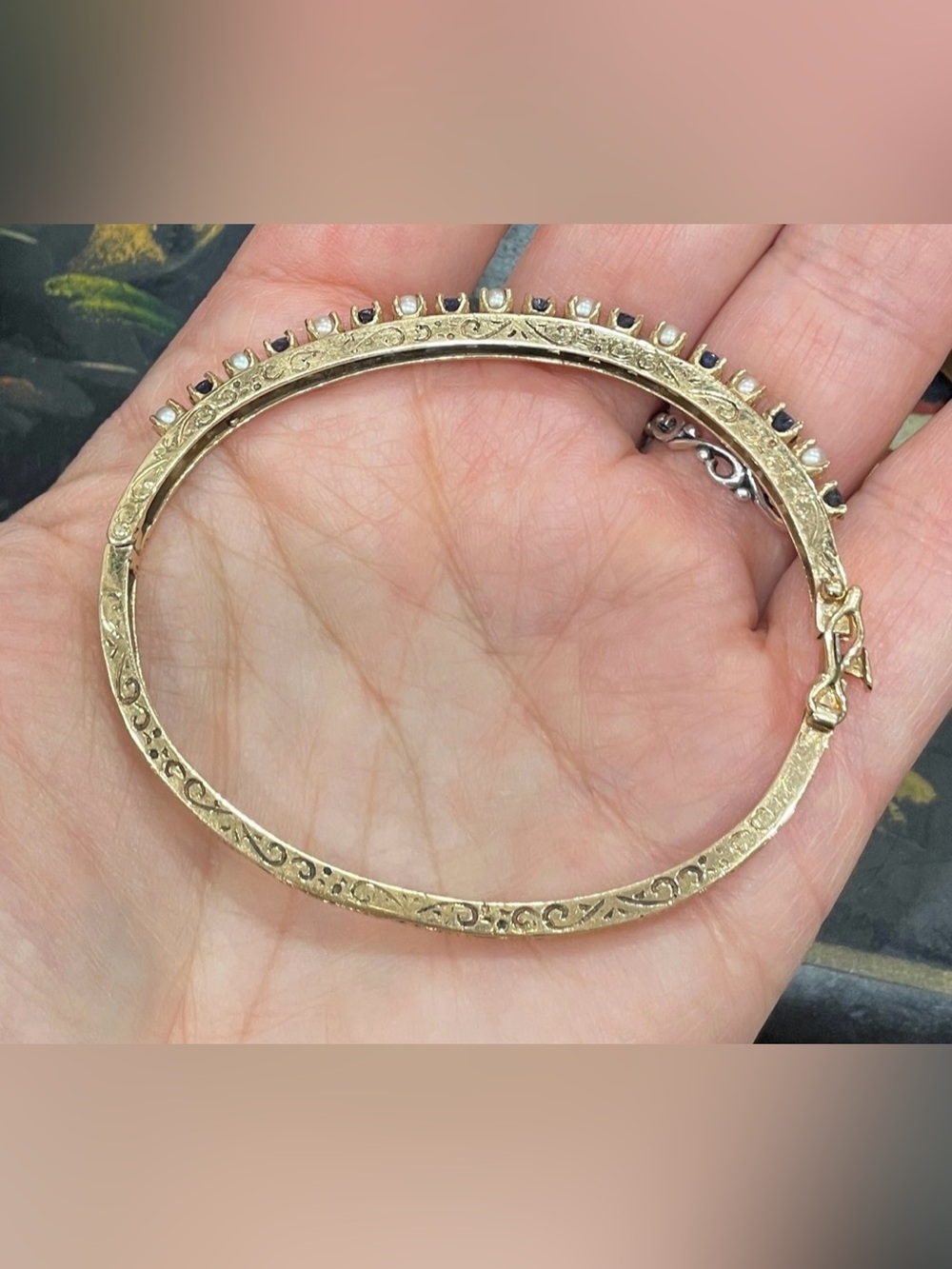 Vintage 14K Sapphire and Pearl Hinged Bracelet